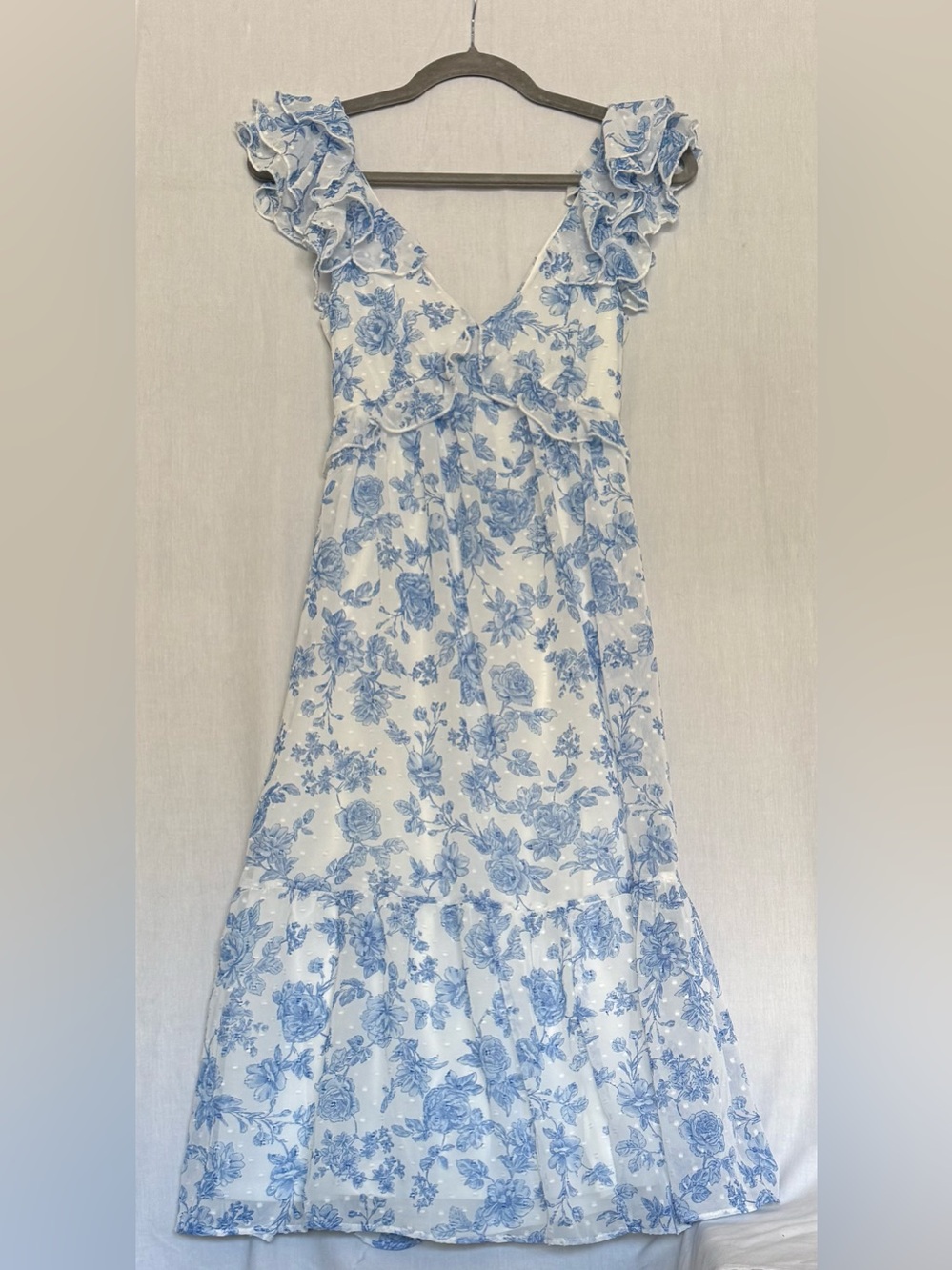 Trixxi Blue & White Floral Cutout & Rear Tie Ruffle Straps Midi Summer Dress XS